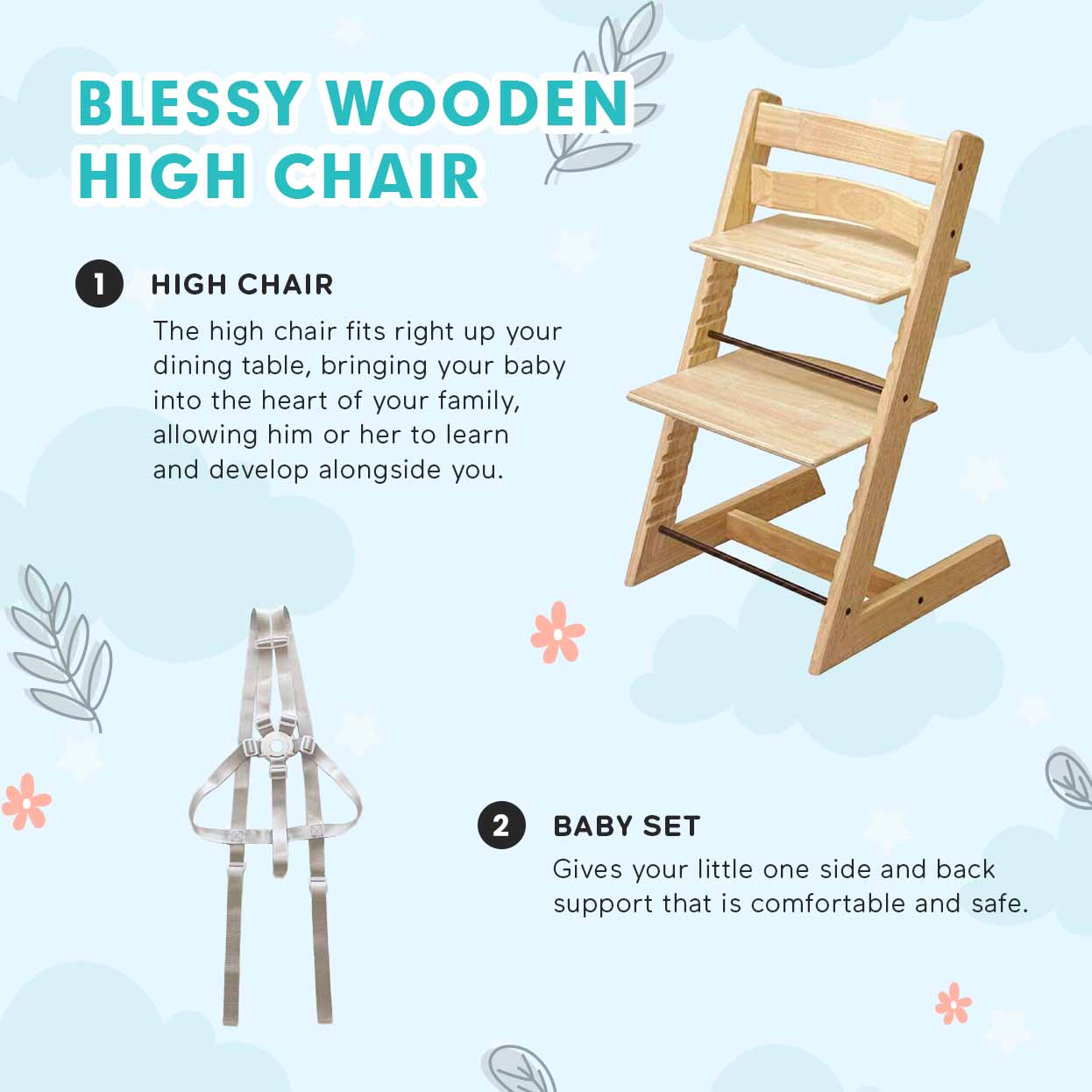 Blessy Wooden High Chair - The Perfect Adjustable Baby Highchair Solution for Your Babies and Toddlers or as a Dining Chair. (6 Months up to 250 Lb) - Image 3