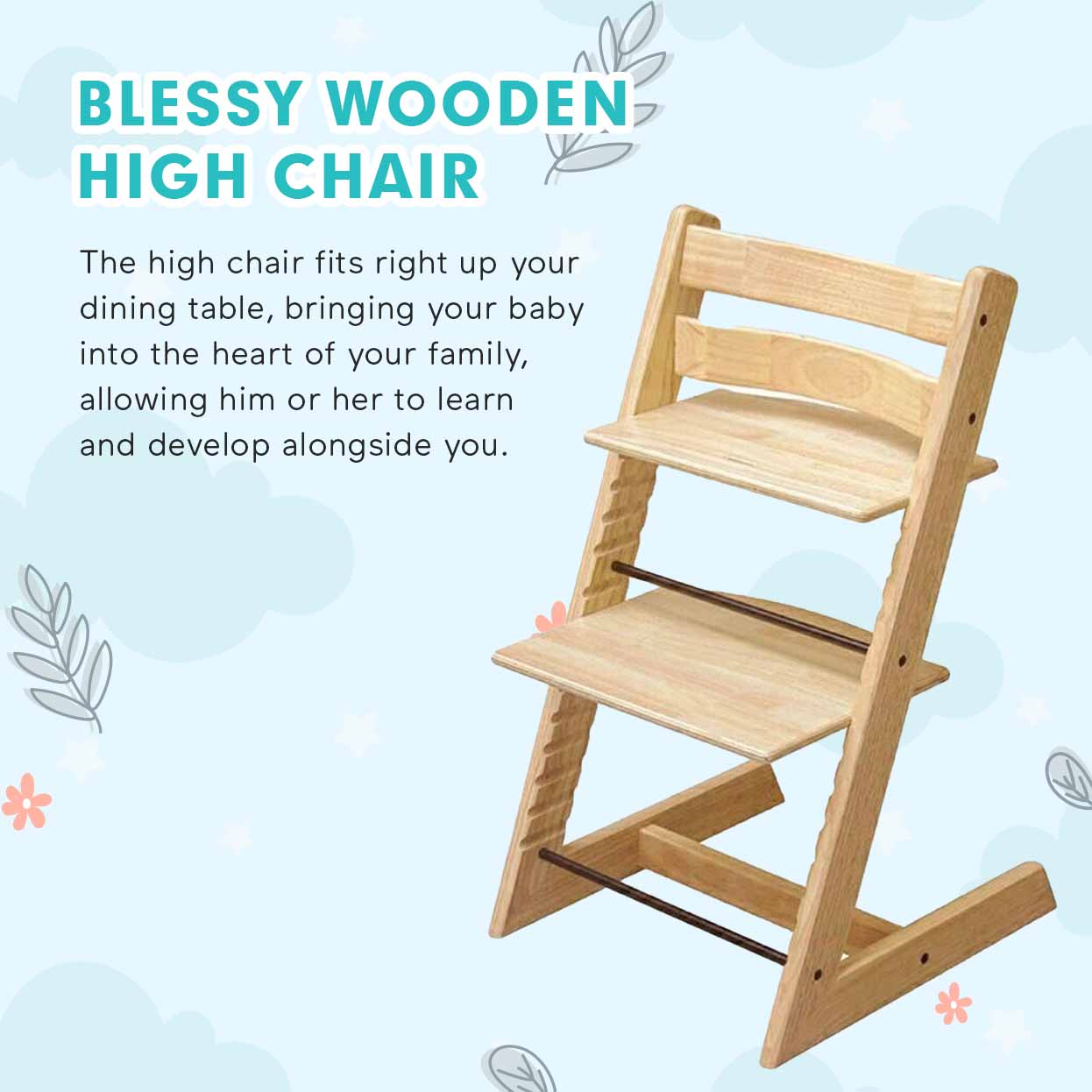 Blessy Wooden High Chair - The Perfect Adjustable Baby Highchair Solution for Your Babies and Toddlers or as a Dining Chair. (6 Months up to 250 Lb) - Image 5